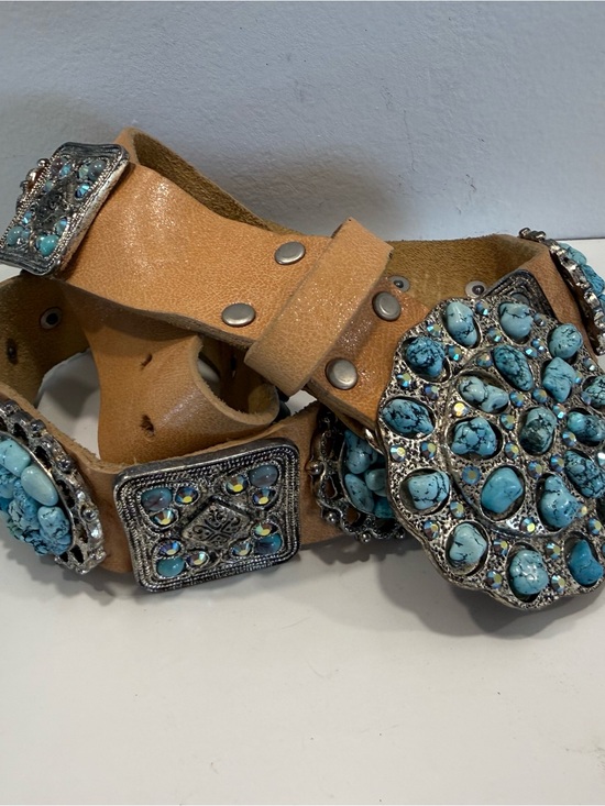 Leatherock Accessories - Vintage Turquoise Stone Embellished Tan Leather Belt by Leatherock